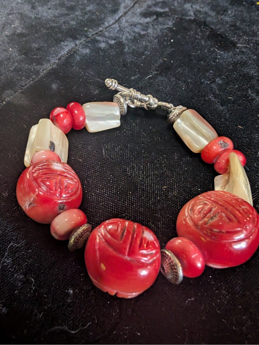 Made With Love Coral/Glass and MOP Beaded Bracelet with Toggle Clasp